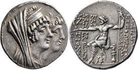SELEUKID KINGS. Kleopatra Thea & Antiochos VIII, 126/5-121/0 BC. Tetradrachm (Silver, 29 mm, 16.55 g, 12 h), Ake-Ptolemais, circa 125/4. Jugate busts ...
