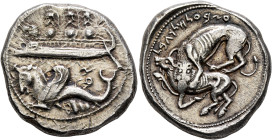 PHOENICIA. Byblos. Uzzibaal, circa 400-365 BC. Shekel (Silver, 25 mm, 13.16 g, 3 h). Three hoplites, helmeted and holding round shields, on galley to ...