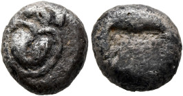 KYRENAICA. Kyrene. Circa 525-480 BC. Hemidrachm (Silver, 11 mm, 1.88 g), Attic standard. Silphion fruit. Rev. Square incuse filled with trellis patter...