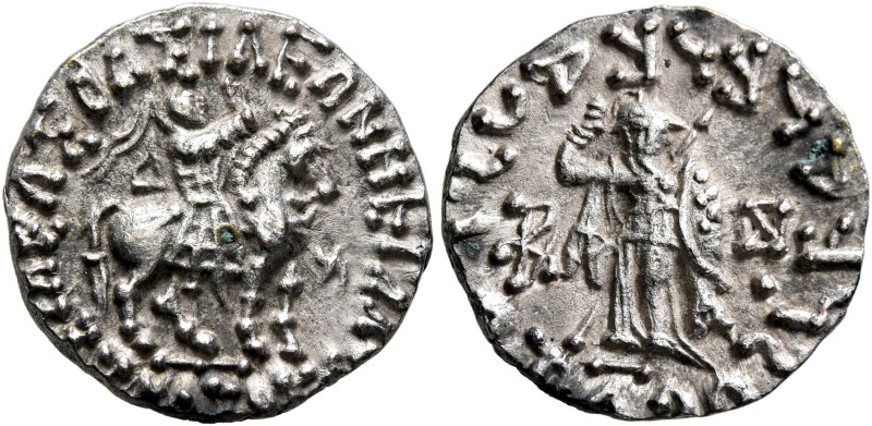 INDO-SKYTHIANS. Azes, circa 58-12 BC. Drachm (Silver, 16 mm, 2.22 g, 11 h), Push...