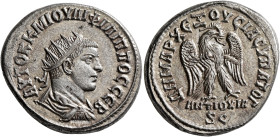 SYRIA, Seleucis and Pieria. Antioch. Philip II, 247-249. Tetradrachm (Billon, 27 mm, 11.98 g, 1 h), 247. ΑΥΤΟΚ Κ Μ ΙΟΥΛΙ ΦΙΛΙΠΠΟC CЄΒ Radiate, draped ...