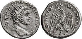 PHOENICIA. Byblus, or JUDAEA. Neapolis. Caracalla, 198-217. Tetradrachm (Billon, 27 mm, 14.44 g, 12 h), 215-217. AYT KAI ANTⲰNINOC CЄ Radiate head of ...
