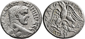 PHOENICIA. Sidon. Caracalla, 198-217. Tetradrachm (Billon, 27 mm, 13.51 g, 12 h), 215-217. ΑΥΤ ΚΑΙ ΑΝΤⲰΝΙΝΟC CЄ Laureate head of Caracalla to right. R...