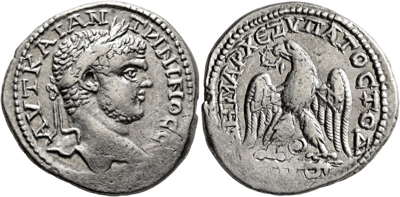 JUDAEA. Caesaraea Maritima. Caracalla, 198-217. Tetradrachm (Billon, 28 mm, 11.1...