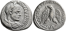 JUDAEA. Caesaraea Maritima. Macrinus, 217-218. Tetradrachm (Billon, 25 mm, 11.56 g, 12 h), 217/8. [ΑΥΤ ΚΑΙ Μ ΟΠ] CЄΟ ΜΑΚΡΙΝΟC Laureate, draped and cui...
