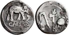 Julius Caesar, 49-44 BC. Denarius (Subaeratus, 17 mm, 3.33 g, 5 h), a contemporary plated imitation, irregular mint, after 49-48. CAESAR Elephant walk...