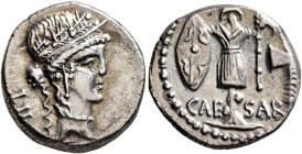 Julius Caesar, 49-44 BC. Denarius (Silver, 18 mm, 4.10 g, 3 h), military mint traveling with Caesar in Illyria (Apollonia?), early to mid 48. Diademed...