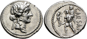 Julius Caesar, 49-44 BC. Denarius (Silver, 18 mm, 3.82 g, 6 h), military mint moving with Caesar in North Africa, 48-47. Diademed head of Venus to rig...