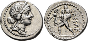 Julius Caesar, 49-44 BC. Denarius (Silver, 19 mm, 3.57 g, 6 h), military mint moving with Caesar in North Africa, 48-47. Diademed head of Venus to rig...