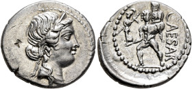 Julius Caesar, 49-44 BC. Denarius (Silver, 19 mm, 3.91 g, 6 h), military mint moving with Caesar in North Africa, 48-47. Diademed head of Venus to rig...