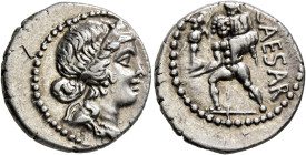 Julius Caesar, 49-44 BC. Denarius (Silver, 17 mm, 3.86 g, 6 h), military mint moving with Caesar in North Africa, 48-47. Diademed head of Venus to rig...