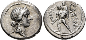 Julius Caesar, 49-44 BC. Denarius (Silver, 17 mm, 3.86 g, 6 h), military mint moving with Caesar in North Africa, 48-47. Diademed head of Venus to rig...