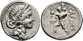 Julius Caesar, 49-44 BC. Denarius (Silver, 17 mm, 3.92 g, 4 h), military mint moving with Caesar in North Africa, 48-47. Diademed head of Venus to rig...