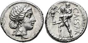 Julius Caesar, 49-44 BC. Denarius (Silver, 17 mm, 3.71 g), military mint moving with Caesar in North Africa, 48-47. Diademed head of Venus to right. R...