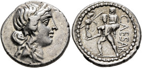 Julius Caesar, 49-44 BC. Denarius (Silver, 18 mm, 3.88 g, 6 h), military mint moving with Caesar in North Africa, 48-47. Diademed head of Venus to rig...