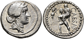 Julius Caesar, 49-44 BC. Denarius (Silver, 19 mm, 3.93 g, 6 h), military mint moving with Caesar in North Africa, 48-47. Diademed head of Venus to rig...