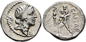 Julius Caesar, 49-44 BC. Denarius (Silver, 18 mm, 3.95 g, 4 h), military mint moving with Caesar in North Africa, 48-47. Diademed head of Venus to rig...