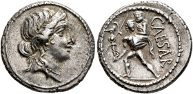 Julius Caesar, 49-44 BC. Denarius (Silver, 17 mm, 3.90 g, 6 h), military mint moving with Caesar in North Africa, 48-47. Diademed head of Venus to rig...