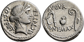 Julius Caesar, 49-44 BC. Denarius (Silver, 18 mm, 3.84 g, 1 h), military mint (Utica?), 46. DICT•ITER - COS•TERT Head of Ceres to right, wearing wreat...