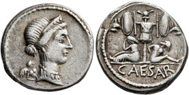 Julius Caesar, 49-44 BC. Denarius (Silver, 18 mm, 3.84 g, 3 h), military mint moving with Caesar in Spain, 46-45. Diademed head of Venus to right; beh...