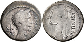 Julius Caesar, 49-44 BC. Denarius (Silver, 19 mm, 3.80 g, 6 h), with P. Sepullius Macer, Rome, after January-February 44. CAESAR•IM[P] Wreathed head o...