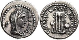 Brutus, 43-42 BC. Denarius (Silver, 17 mm, 3.86 g, 12 h), with L. Sestius, proquaestor, military mint traveling with Brutus in southwestern Asia Minor...