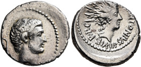 Mark Antony, 44-30 BC. Denarius (Silver, 18 mm, 3.73 g), military mint moving with Antony in Greece and Asia, 42. [IMP] Bare head of Mark Antony to ri...