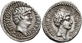 Mark Antony and Octavian. Denarius (Silver, 21 mm, 3.95 g, 12 h), with M. Barbatius, Ephesus, 41. M•ANT•IMP•AVG III•VIR•R•P•C•M•BARBAT•Q•P Bare head o...