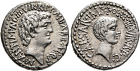 Mark Antony and Octavian. Denarius (Silver, 19 mm, 3.92 g, 12 h), with M. Barbatius, Ephesus (?), 41. M•ANT•IMP•AVG•III•VIR•R•P•C•M•BARBAT•Q•P Bare he...