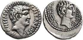 Mark Antony and Octavian. Denarius (Silver, 19 mm, 3.75 g, 12 h), with M. Barbatius, Ephesus (?), 41. M•ANT•IMP•AVG•III•VIR•R•P•C•M•BARBAT•Q•P Bare he...