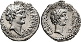 Mark Antony and Octavian. Denarius (Silver, 19 mm, 3.81 g, 12 h), with M. Barbatius, Ephesus (?), 41. M•ANT•IMP•AVG•III•VIR•R•P•C•M•BARBAT•Q•P Bare he...