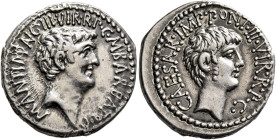 Mark Antony and Octavian. Denarius (Silver, 20 mm, 3.81 g, 12 h), with M. Barbatius, Ephesus (?), 41. M•ANT•IMP•AVG•III•VIR•R•P•C•M•BARBAT•Q•P Bare he...