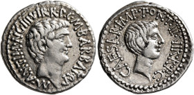 Mark Antony and Octavian. Denarius (Silver, 19 mm, 4.00 g, 12 h), with M. Barbatius, Ephesus (?), 41. M•ANT•IMP•AVG•III•VIR•R•P•C•M•BARBAT•Q•P Bare he...