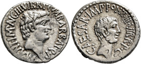 Mark Antony and Octavian. Denarius (Silver, 19 mm, 4.00 g, 12 h), with M. Barbatius, Ephesus (?), 41 BC. M•ANT•IMP•AVG•III•VIR•R•P•C•M•BARBAT•Q•P Bare...