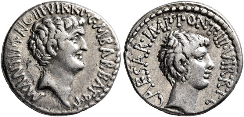 Mark Antony and Octavian. Denarius (Silver, 19 mm, 3.90 g, 12 h), with M. Barbat...