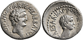 Mark Antony and Octavian. Denarius (Silver, 19 mm, 3.81 g, 12 h), with M. Barbatius, Ephesus (?), 41. M•ANT•IMP•AVG•III•VIR•R•P•C•M•BARBAT•Q•P Bare he...