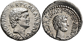 Mark Antony and Octavian. Denarius (Silver, 19 mm, 4.00 g, 12 h), with M. Barbatius, Ephesus (?), 41. M•ANT•IMP•AVG•III•VIR•R•P•C•M•BARBAT•Q•P Bare he...