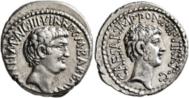 Mark Antony and Octavian. Denarius (Silver, 20 mm, 4.00 g, 12 h), with M. Barbatius, Ephesus (?), 41. [M•A]NT•IMP•AVG•III•VIR•R•P•C•M•BARBAT•[Q•P] Bar...