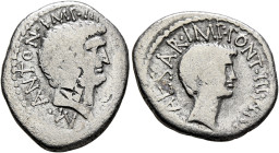 Mark Antony and Octavian. Denarius (Silver, 20 mm, 3.18 g, 9 h), with M. Barbatius (?). Military mint traveling with Antony in Syria (?), autumn 41 BC...