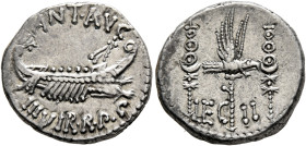 Mark Antony, 44-30 BC. Denarius (Silver, 17 mm, 3.74 g, 6 h), military mint moving with Mark Antony (Patrae?), 32-31. ANT•AVG - III VIR•R•P•C Galley r...