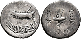 Mark Antony, 44-30 BC. Denarius (Silver, 17 mm, 3.19 g, 1 h), military mint moving with Mark Antony (Patrae?), 32-31. [ANT•AVG] - III•VIR•R•P•C Galley...