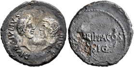 Octavian and Divus Julius Caesar. Denarius (Subaeratus, 19 mm, 2.35 g, 10 h), with Agrippa. A contemporary imitation from an irregular mint, after 38 ...