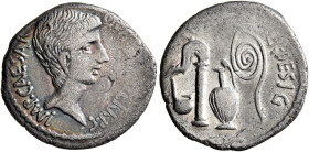 Octavian, 44-27 BC. Denarius (Silver, 19 mm, 3.23 g, 9 h), uncertain mint in Italy, 37 BC. IMP•CAESAR DIVI F III•VIR ITER R P•C Bare head of Octavian ...