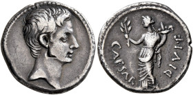 Octavian, 44-27 BC. Denarius (Silver, 18 mm, 3.68 g, 10 h), uncertain mint in Italy (Rome?), autumn 32-summer 31. Bare head of Octavian to right. Rev....