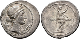 Octavian, 44-27 BC. Denarius (Silver, 21 mm, 3.59 g, 8 h), uncertain mint in Italy (Rome?), autumn 32-summer 31. Diademed and draped bust of Pax to ri...