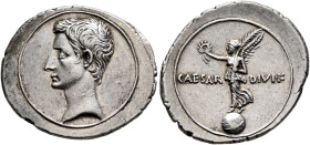 Octavian, 44-27 BC. Denarius (Silver, 23 mm, 3.86 g, 12 h), uncertain mint in Italy (Rome?), autumn 31-summer 30. Bare head of Octavian to left. Rev. ...