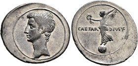 Octavian, 44-27 BC. Denarius (Silver, 23 mm, 3.58 g, 11 h), uncertain mint in Italy (Rome?), autumn 31-summer 30. Bare head of Octavian to left. Rev. ...