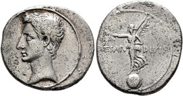 Octavian, 44-27 BC. Denarius (Silver, 20 mm, 3.63 g, 9 h), uncertain mint in Italy (Rome?), autumn 31-summer 30. Bare head of Octavian to left. Rev. [...