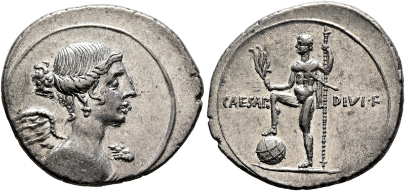 Octavian, 44-27 BC. Denarius (Silver, 21 mm, 3.58 g, 12 h), uncertain mint in It...