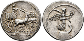 Octavian, 44-27 BC. Denarius (Silver, 19 mm, 3.80 g, 12 h), uncertain Italian mint (Rome?), autumn 30. Victory standing right on prow, holding wreath ...